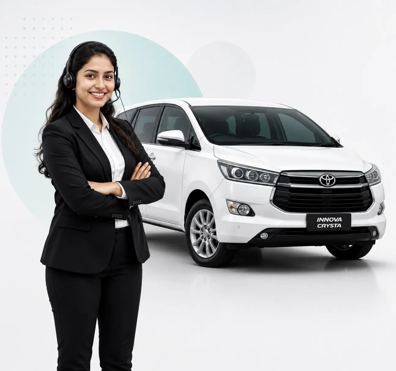 TejasFleets Car Rental customer support executive beside a premium Innova Crysta